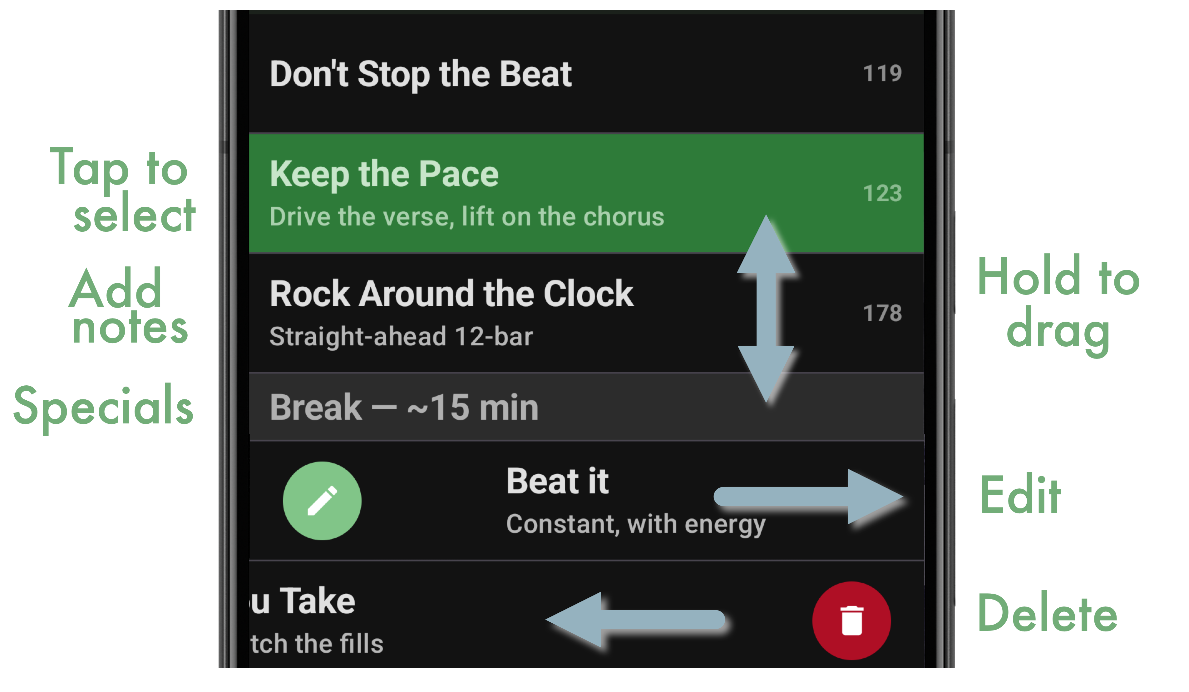 SessionClick setlist view showing songs with per-song BPM, reorder handles, edit and delete gestures